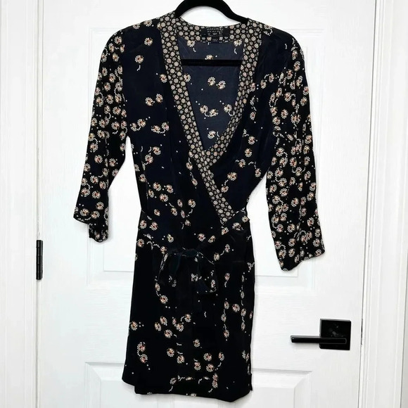 ALL SAINTS US 4 Alva Fraise Kimono Dress 100% Silk Black Yellow Red Floral Print - Picture 2 of 8